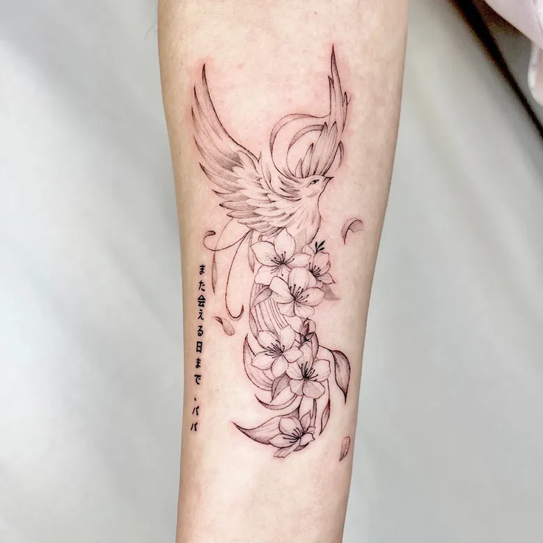 Cherry Blossom Phoenix Fine Line Tattoo