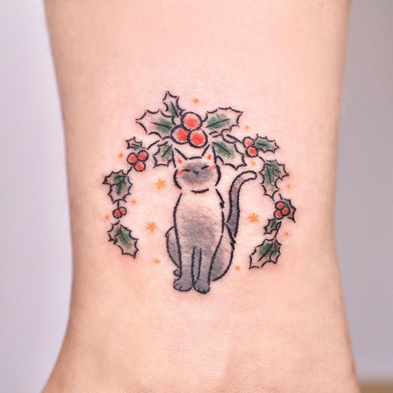 Christmas Cat Wreath Tattoo on the Ankle