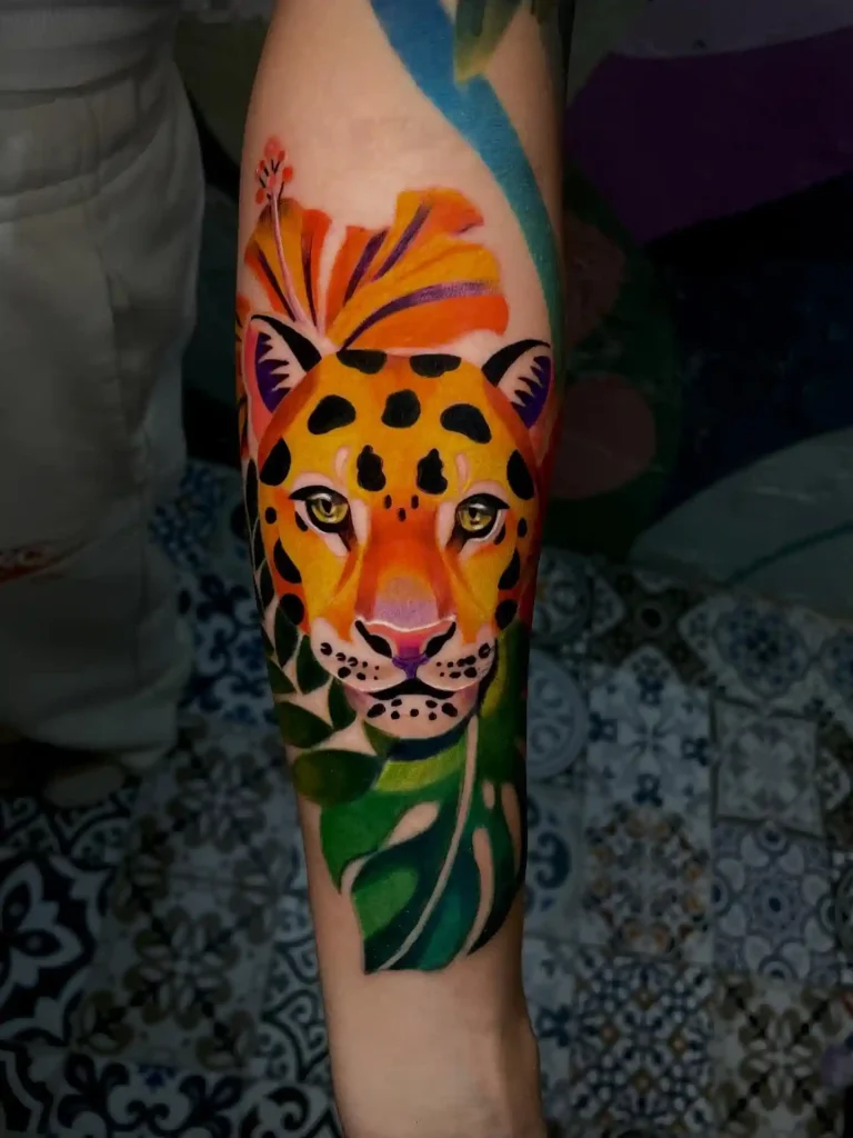 Colorful Jaguar Face with Hibiscus on Forearm