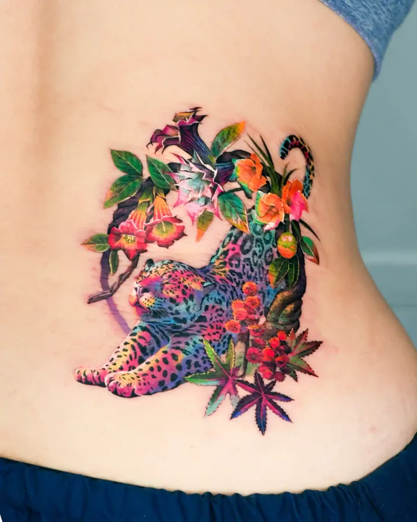 Colorful Jaguar and Tropical Flowers on Lower Back