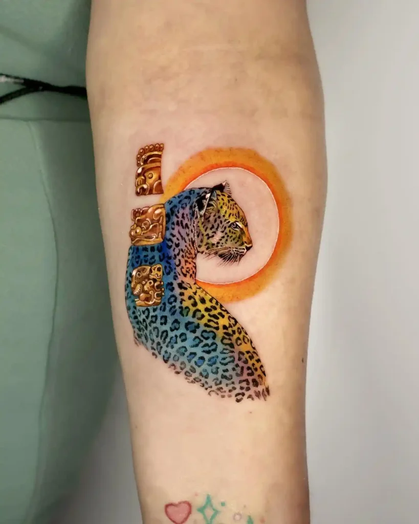 Colorful Mayan Jaguar with Sun on Forearm