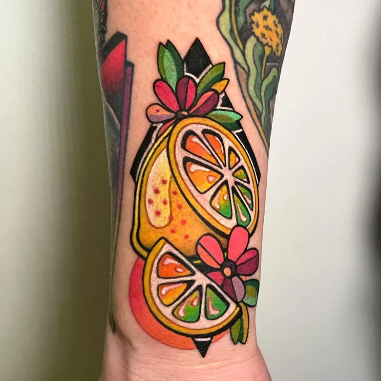 Colorful Neo Traditional Lemon Tattoo