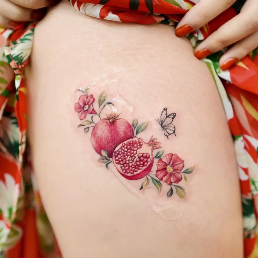 Colorful Pomegranate and Butterfly on Upper Thigh