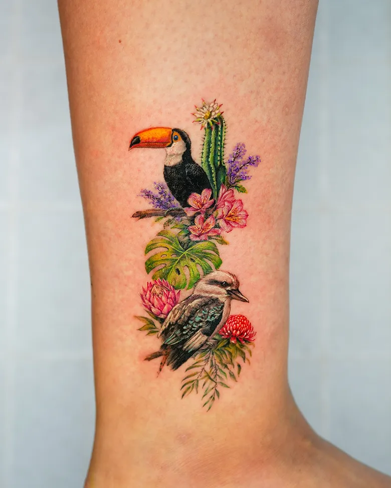 Colorful Tropical Birds and Botanical Tattoo