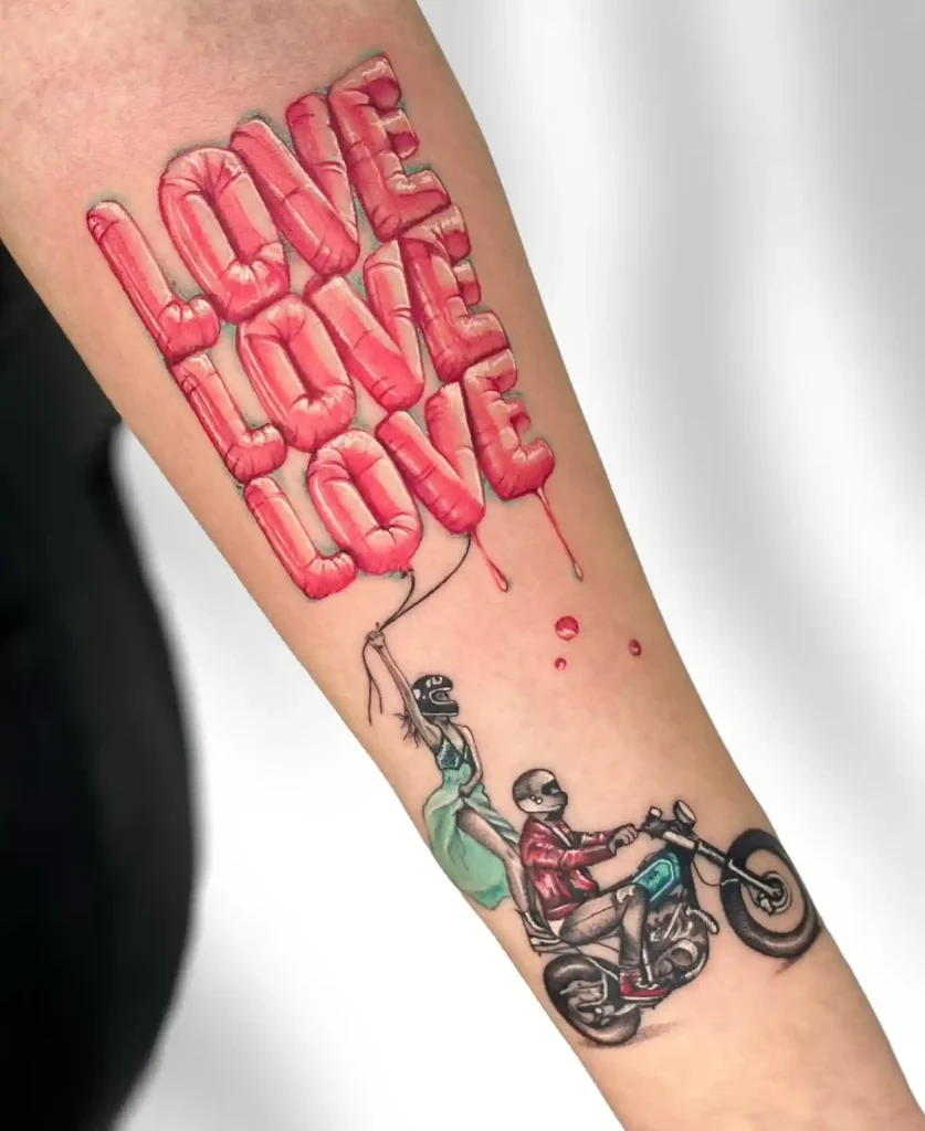 Couple on Motorcycle with Love Balloons on Forearm