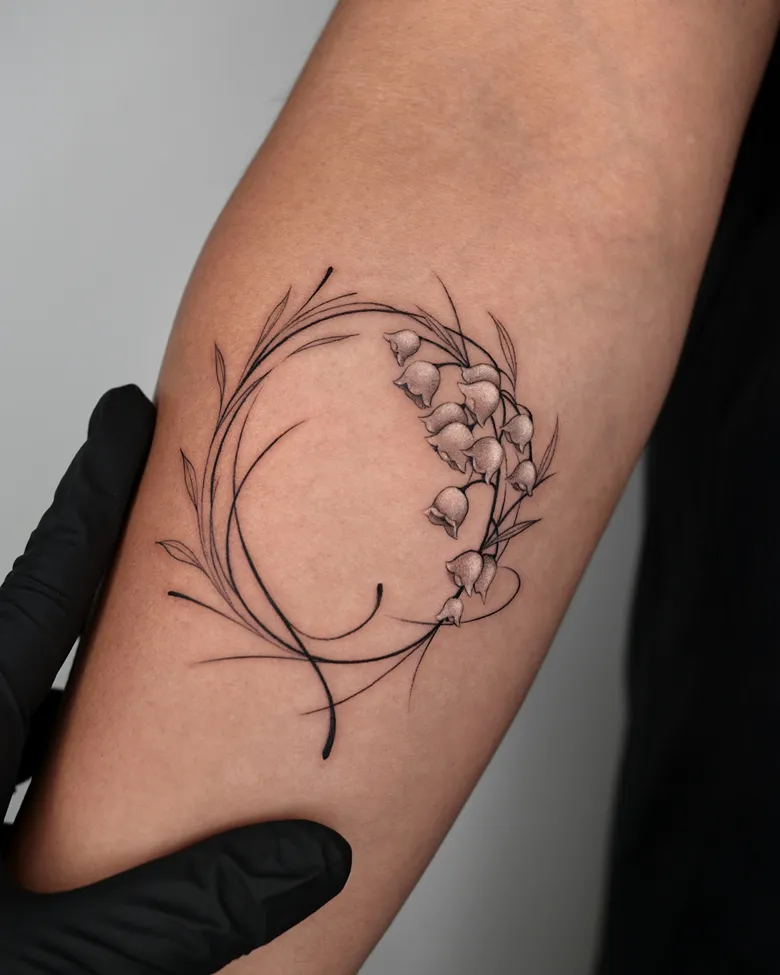 Crescent Lily of the Valley Blackwork Tattoo