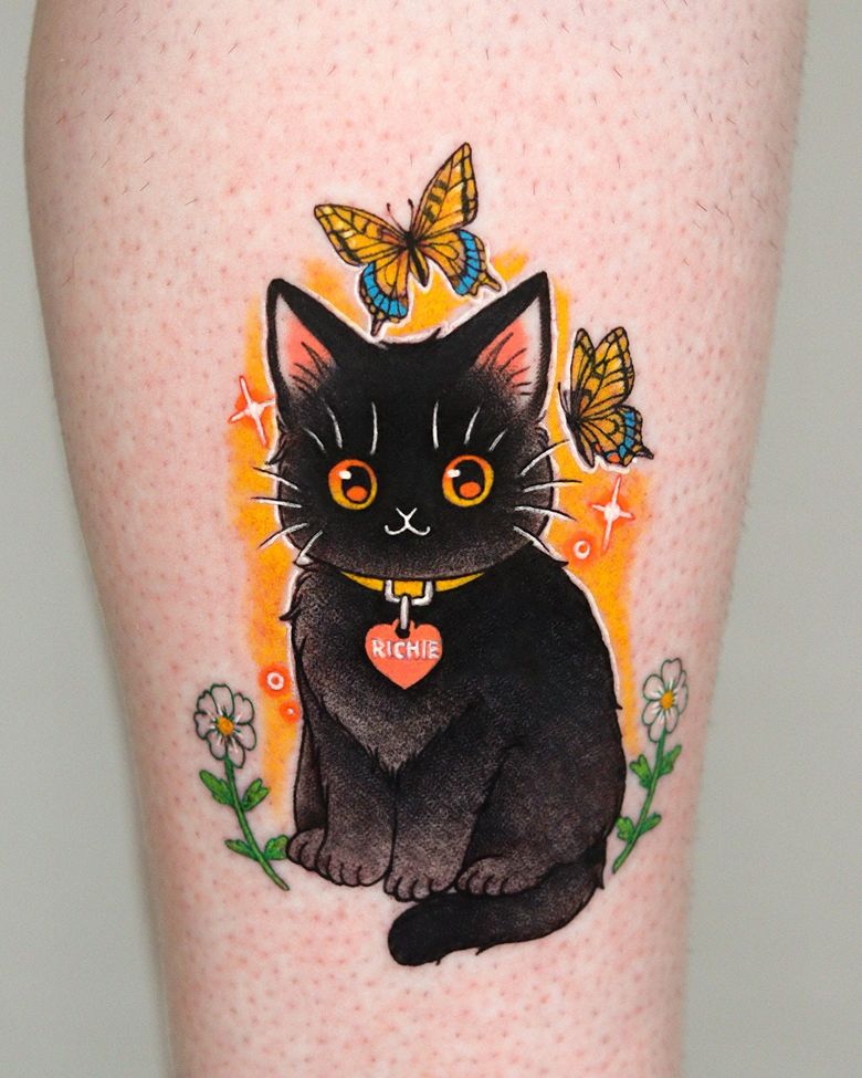 Cute Butterfly & Black Cat Portrait Tattoo