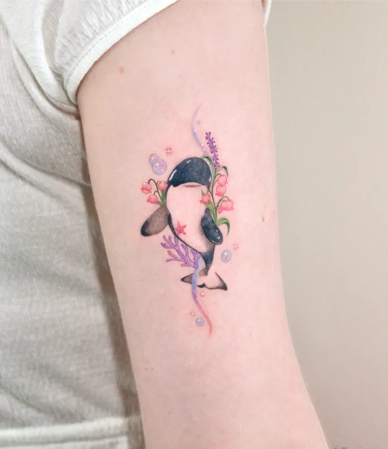 Cute Color Orca & Lily of the Valley Tattoo