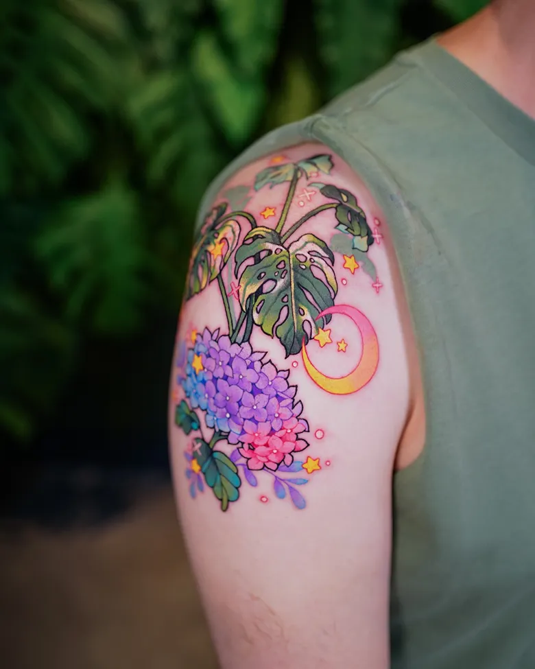 Cute Colorful Monstera & Hydrangea Tattoo