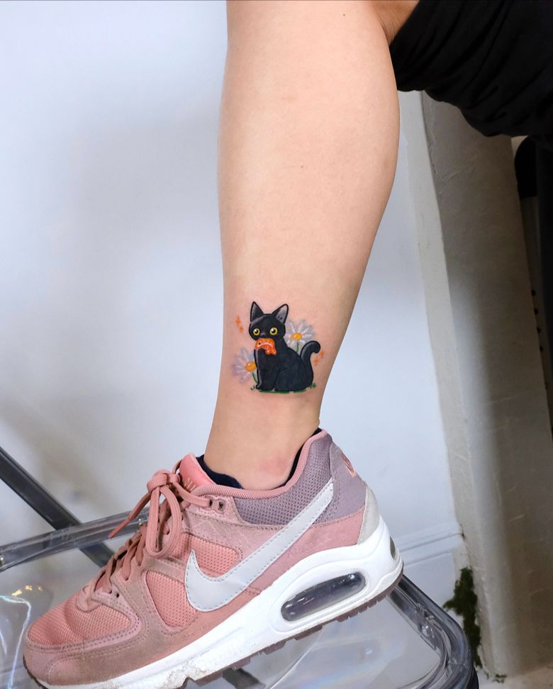 Cute Floral Black Cat Ankle Tattoo
