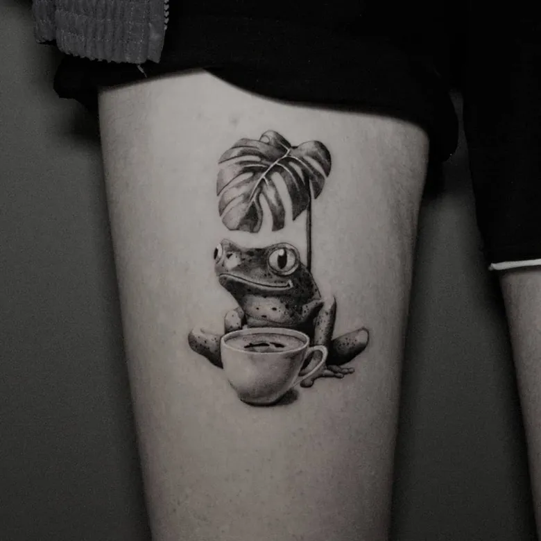 Cute Frog and Coffee Monstera Tattoo