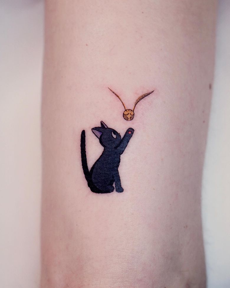 Cute Golden Snitch Black Cat Tattoo