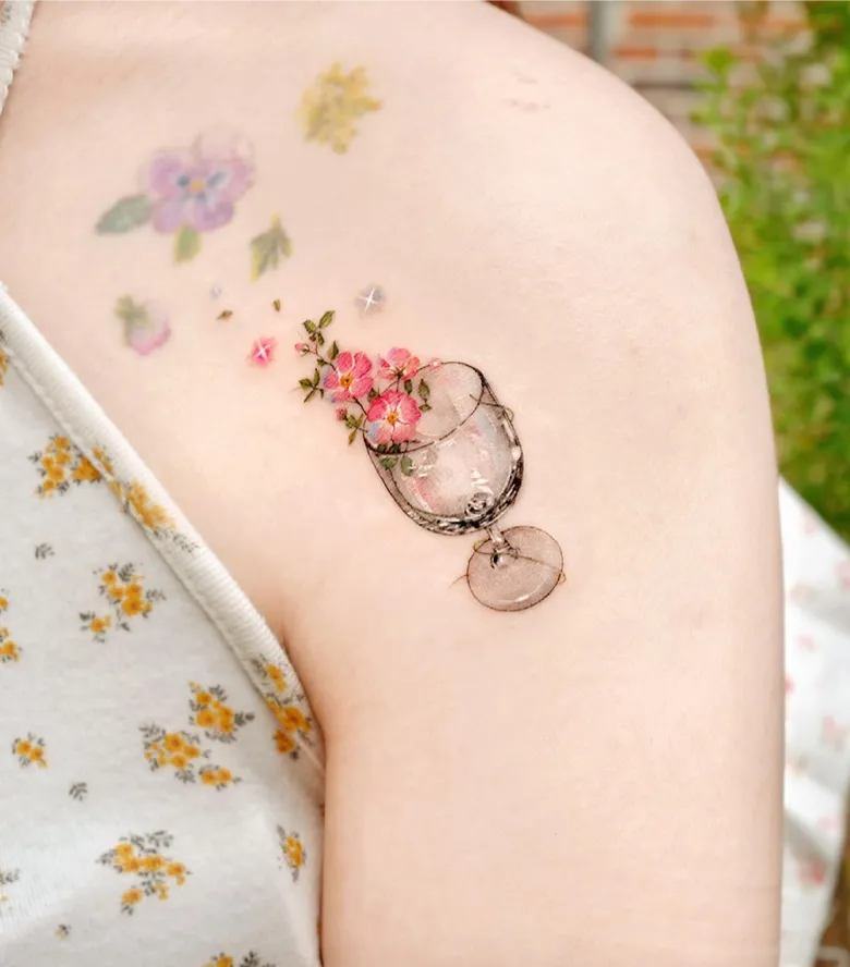 Delicate Floral Wine Glass Tattoo