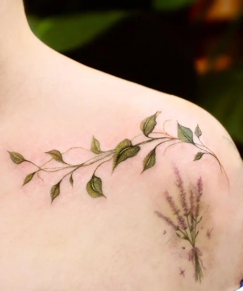 Delicate Green Vine and Lavender on Upper Shoulder