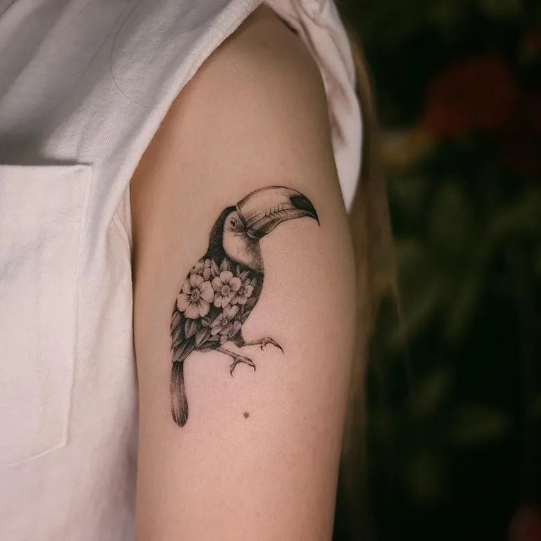 Detailed Floral Toucan Tattoo