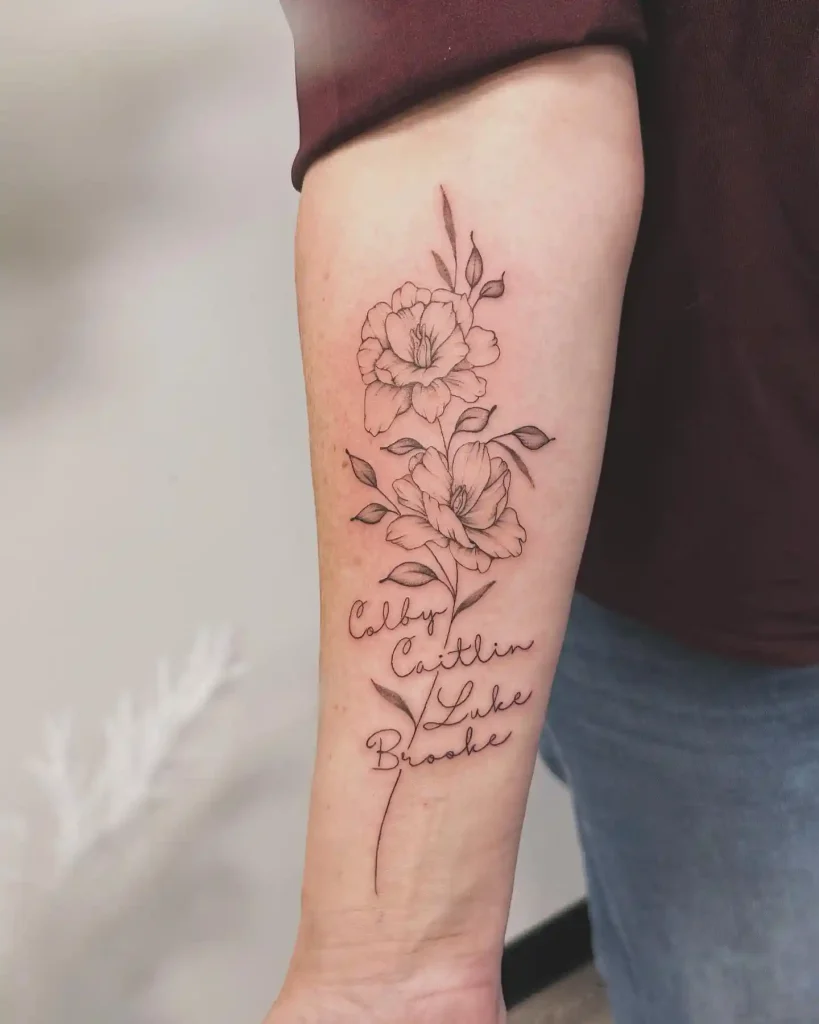 Detailed Gardenia Flowers with Script Names on Inner Forearm