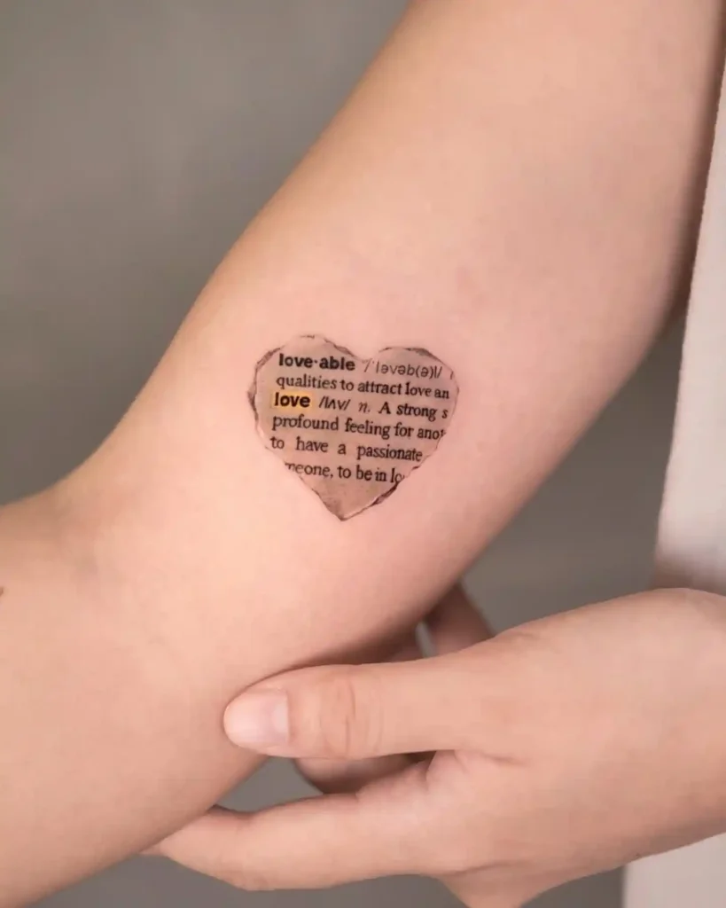 Dictionary Definition Heart Tattoo on Inner Arm