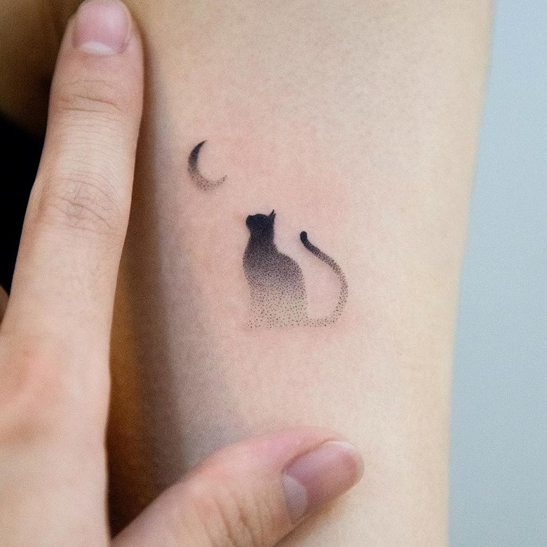 Dotwork Black Cat Moon Silhouette Tattoo