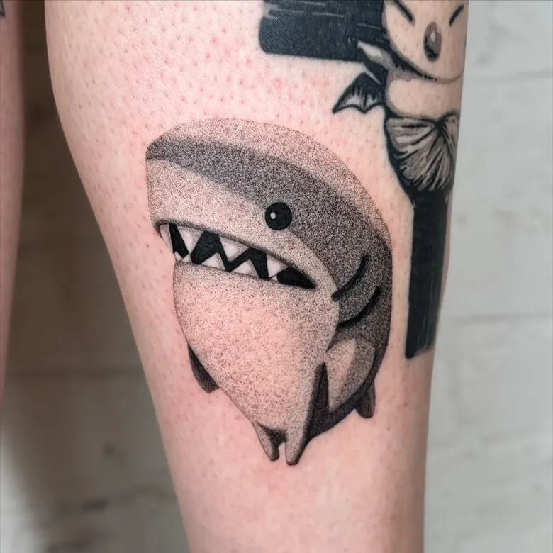Dotwork Cute Shark Character Tattoo