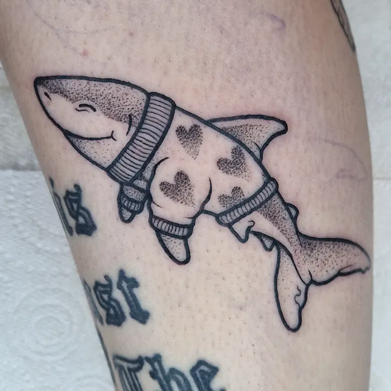 Dotwork Shark in Heart Sweater Tattoo