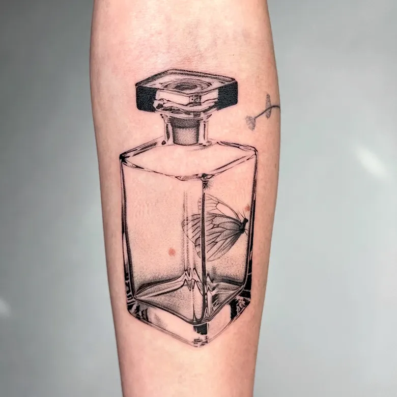 Elegant Butterfly Perfume Bottle Tattoo