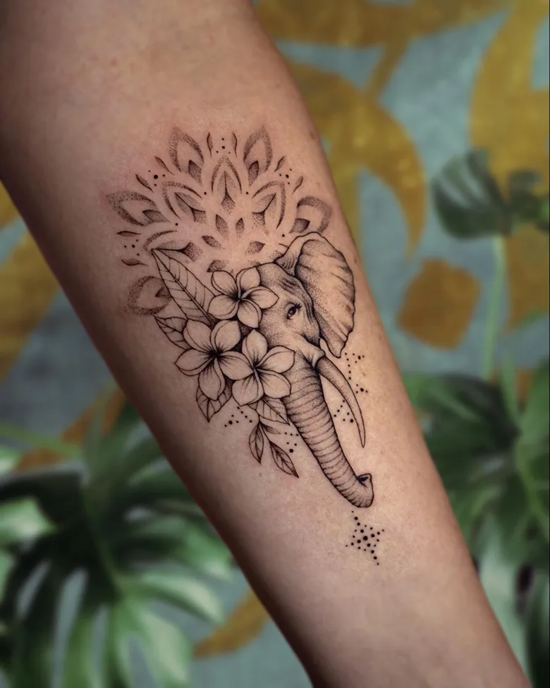 Elephant and Plumeria Mandala Forearm Tattoo