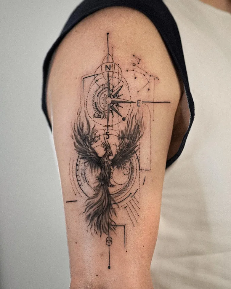 Fierce Geometric Phoenix Tattoo