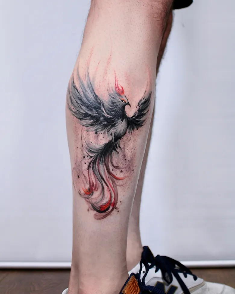 Fiery Watercolor Phoenix Calf Tattoo