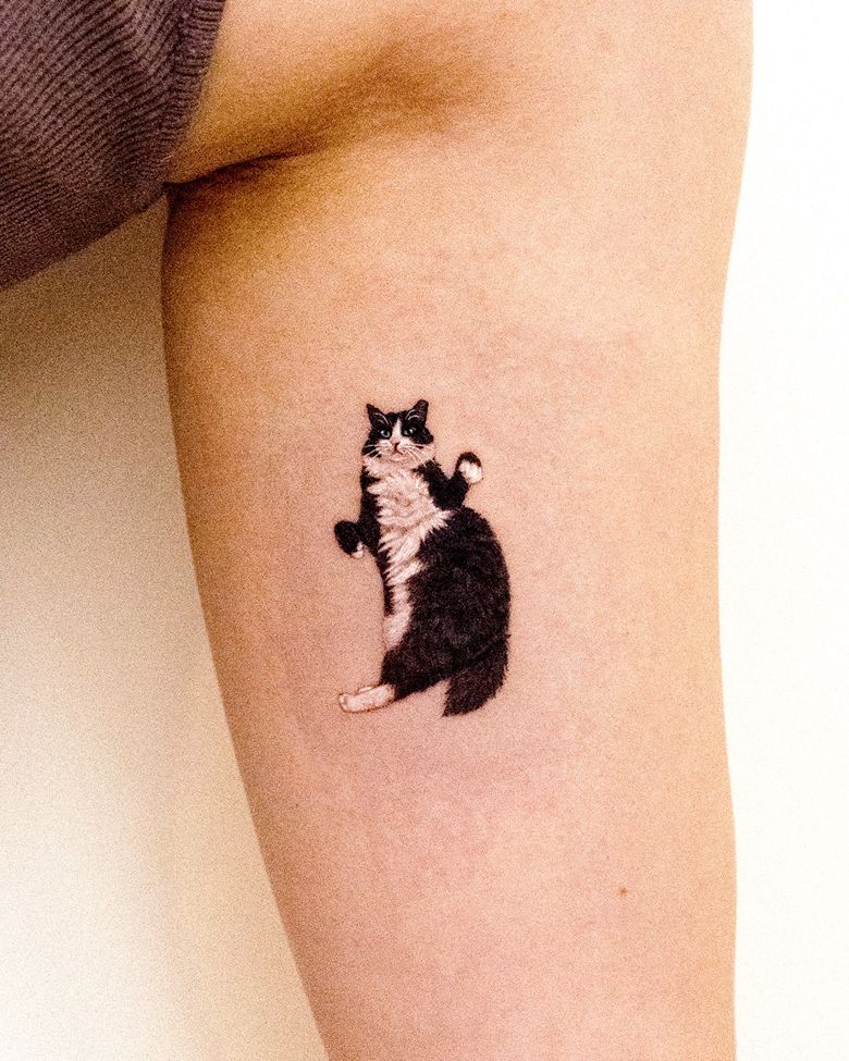 Fine Line Black and White Cat Tattoo