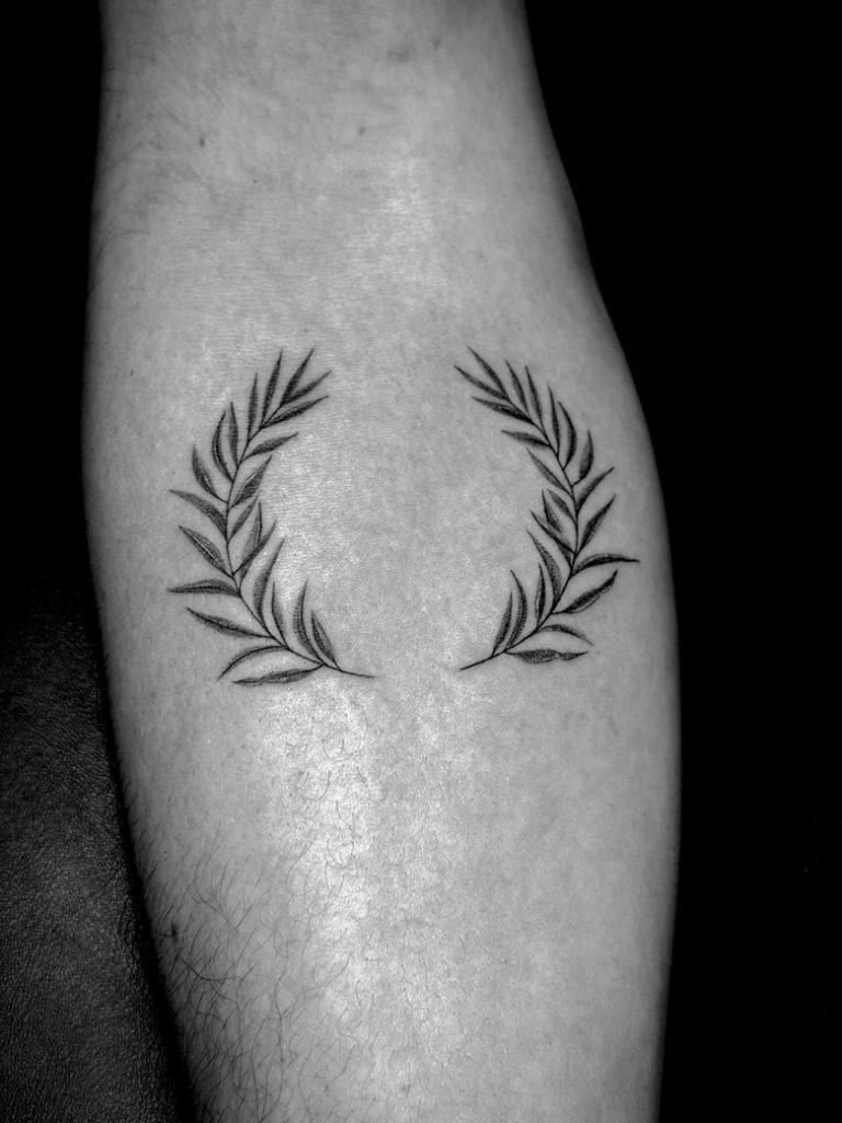 Fine Line Laurel Half Wreath Calf Tattoo