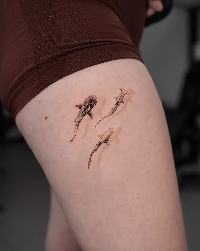 Fine Line Mini Shark Trio Tattoo