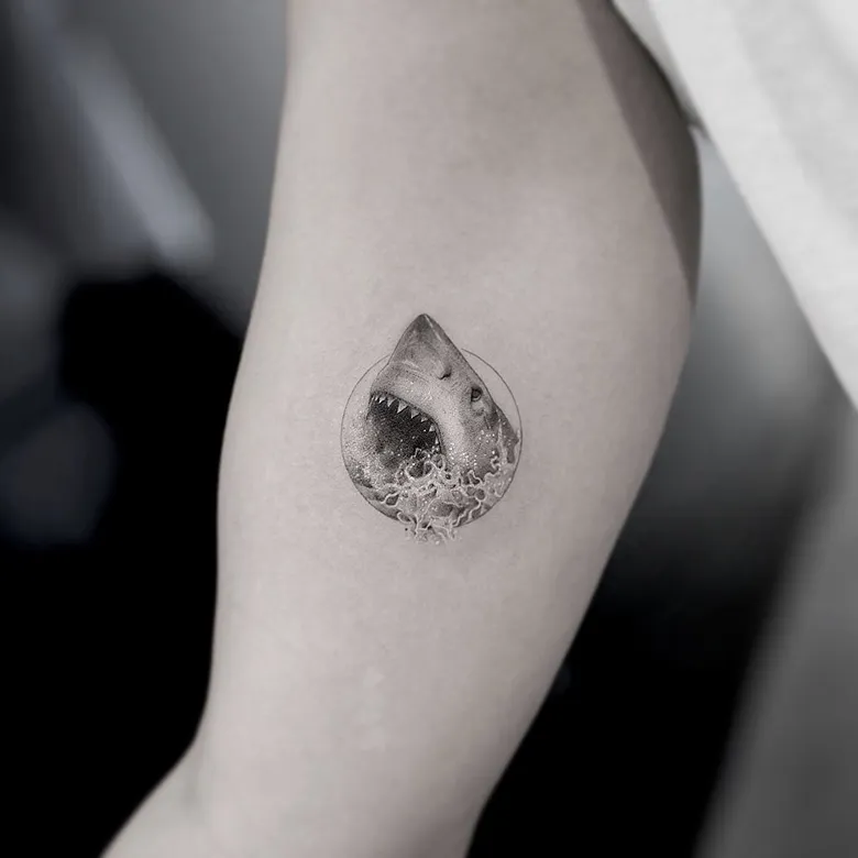 Fine Line Realistic Shark Water Drop Tattoo