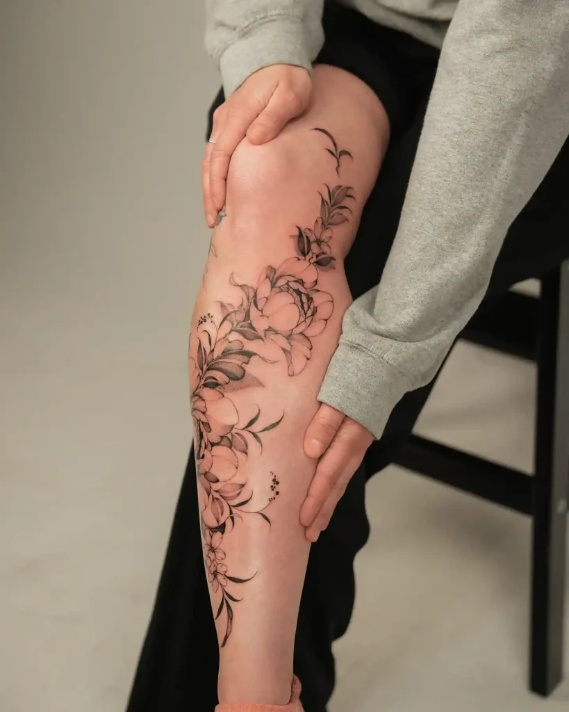 Floral Peony Design on Shin and Knee