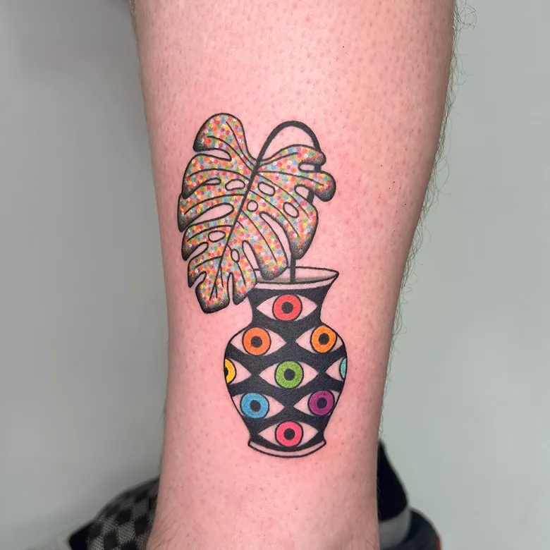 Funky Evil Eye Monstera Tattoo