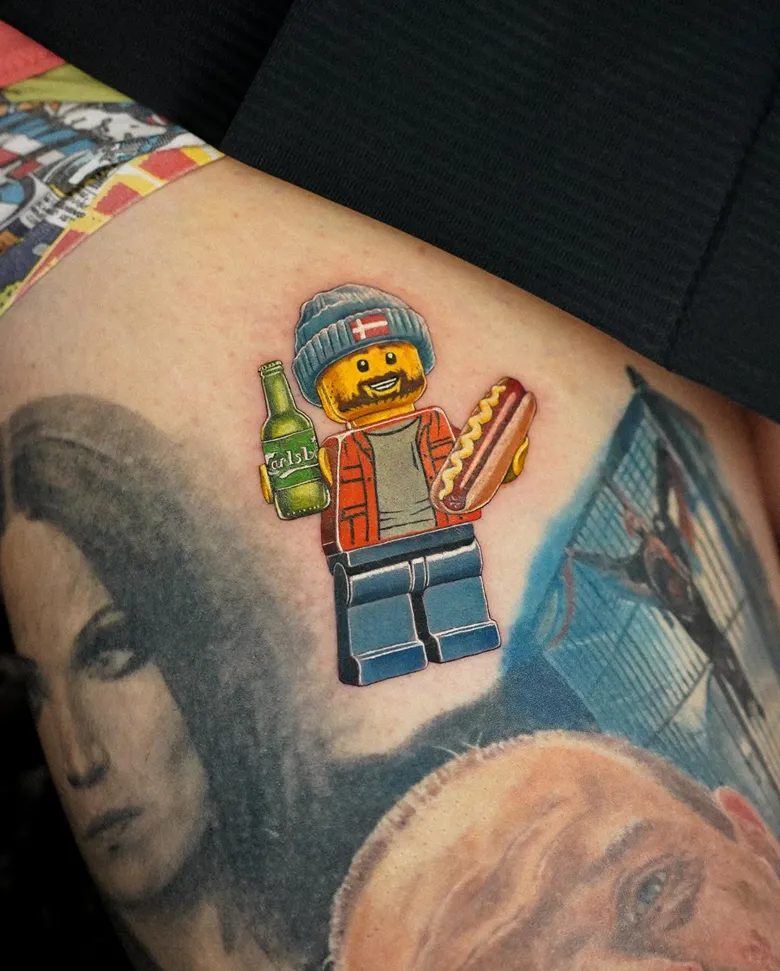 Funny Beer And Hotdog Lego Tattoo