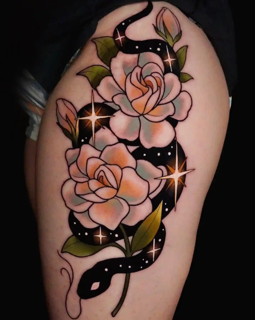Gardenia Flowers and Celestial Snake on Thigh