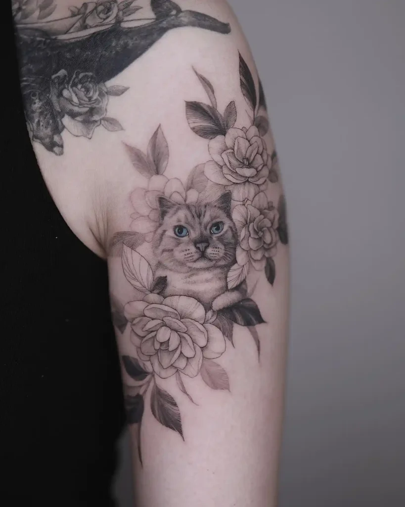 Gardenia and Cat Portrait on Upper Arm