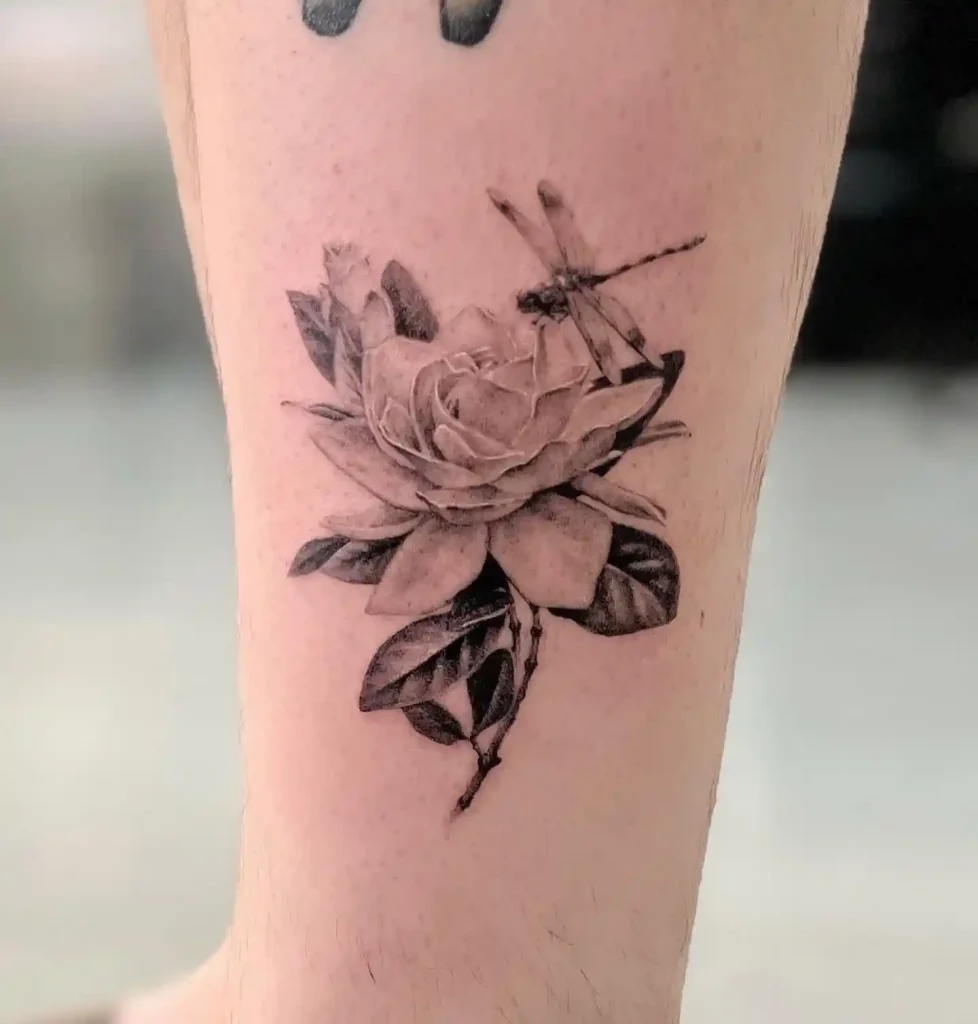 Gardenia and Dragonfly Tattoo on Forearm
