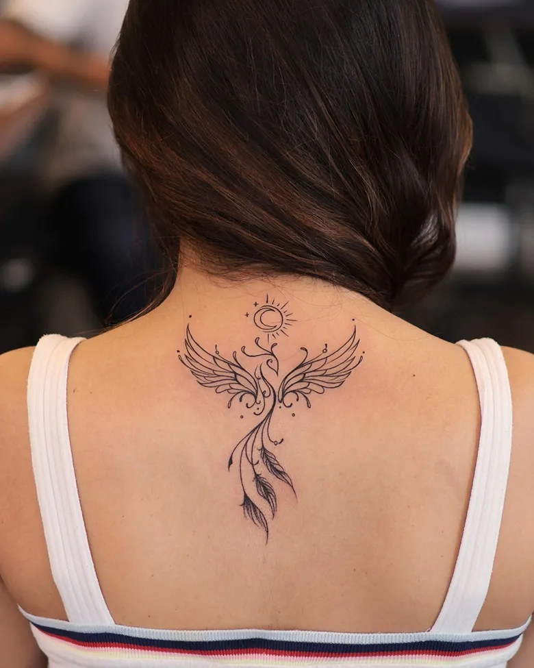 Gentle Fine Line Phoenix Tattoo