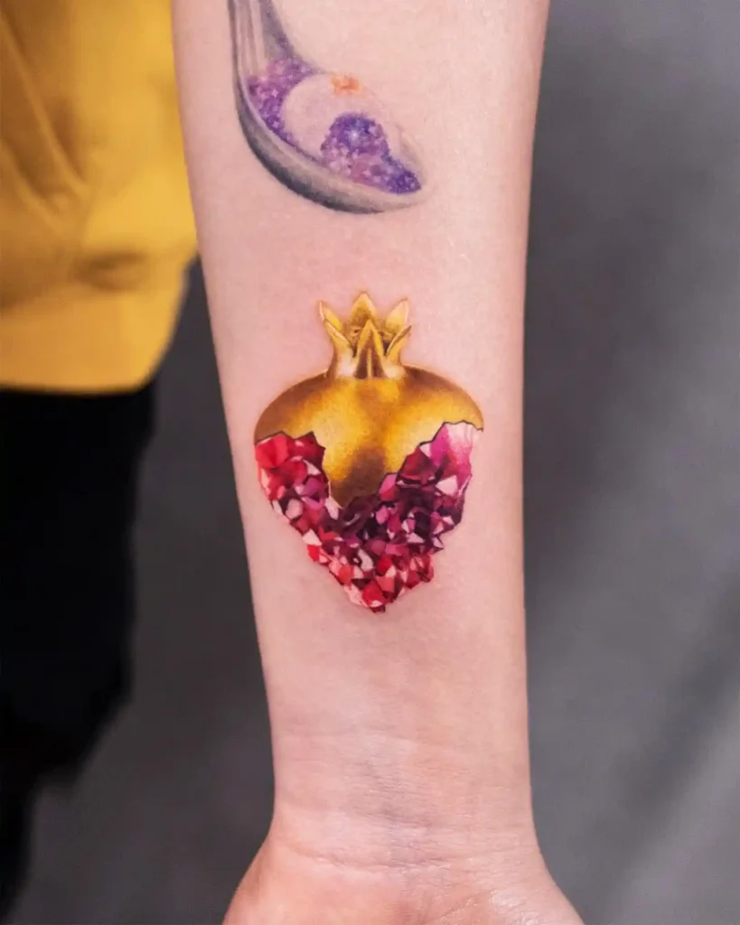Golden Pomegranate with Crystal Seeds on Inner Forearm