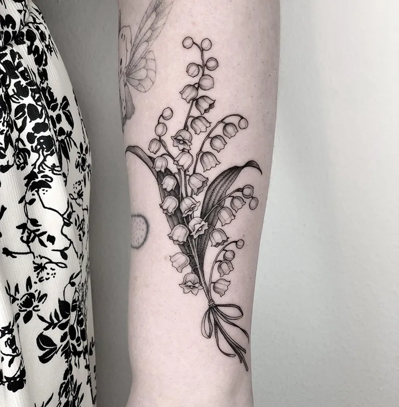 Intricate Black and Grey Lily of the Valley Tattoo