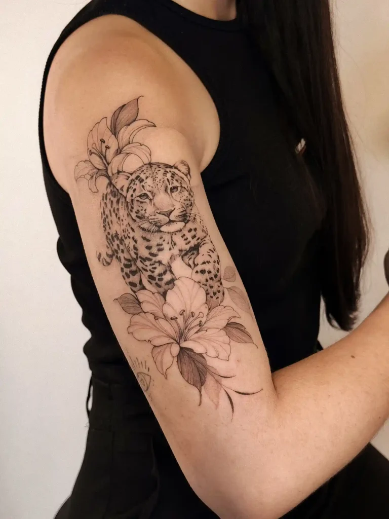 Jaguar with Lily Flowers on Upper Arm