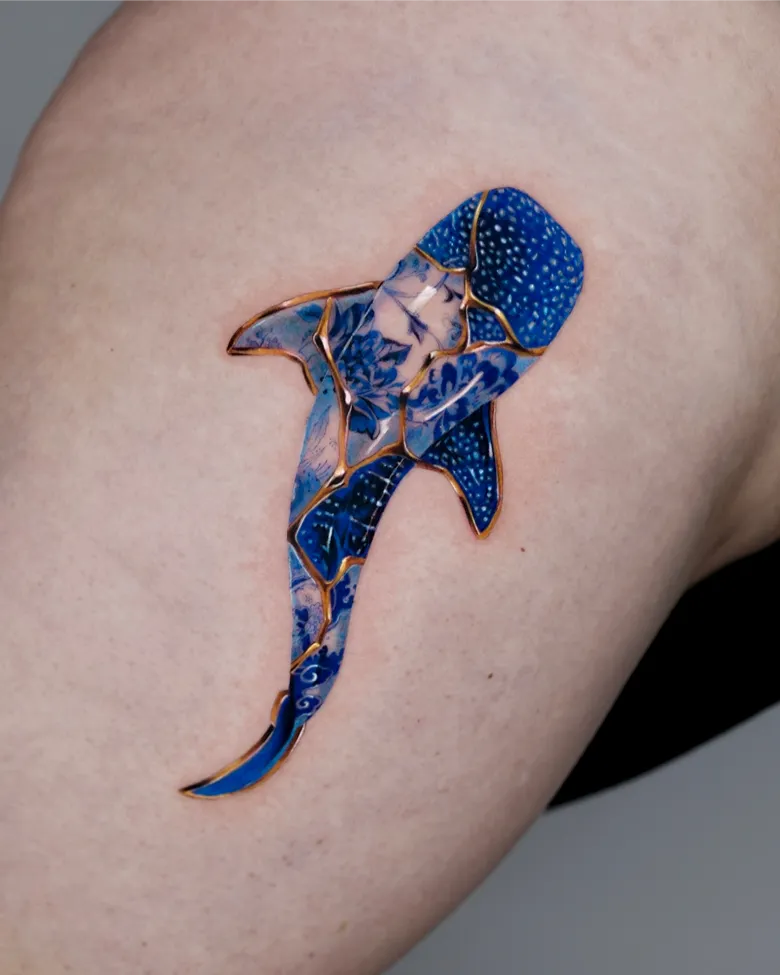 Kintsugi Style Whale Shark Porcelain Tattoo