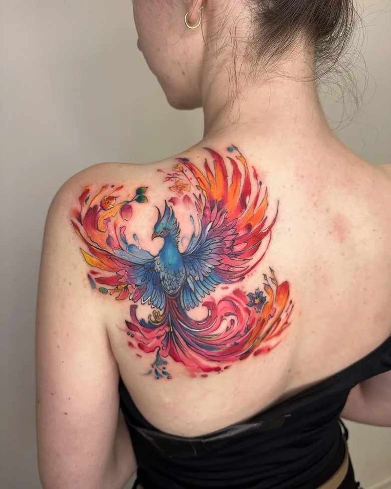 Majestic Blue Watercolor Phoenix Tattoo