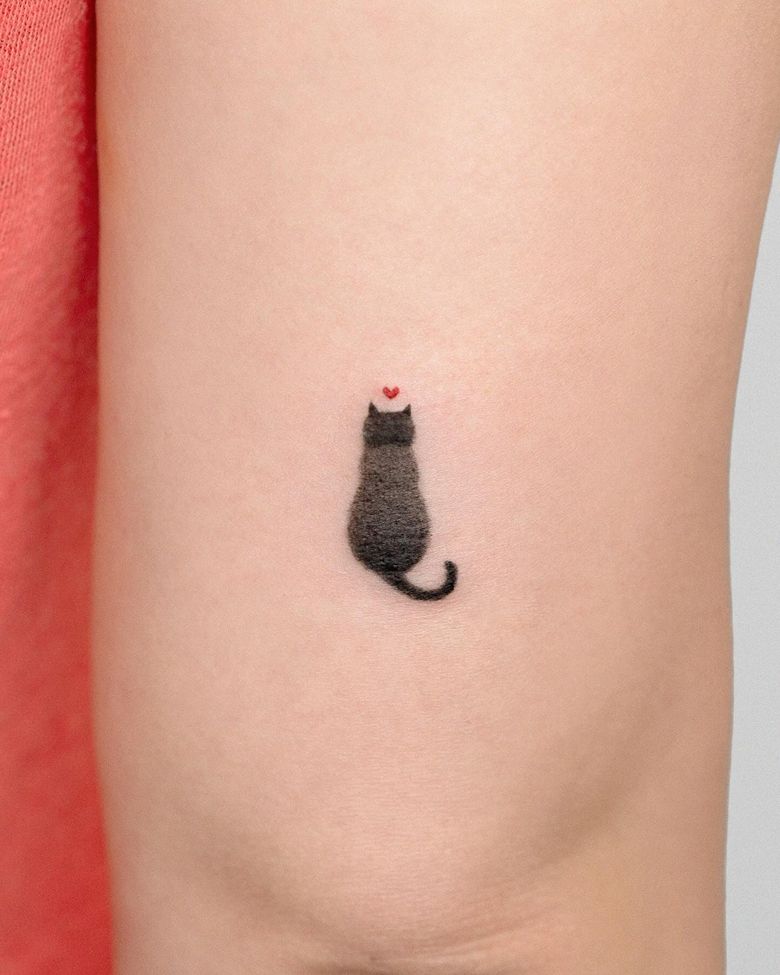 Minimal Black Cat Silhouette with Heart Tattoo