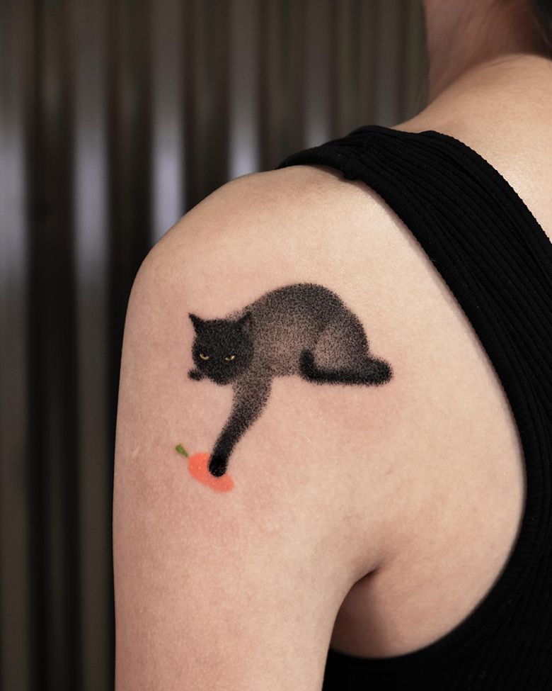 Minimal Black Cat with Carrot Tattoo