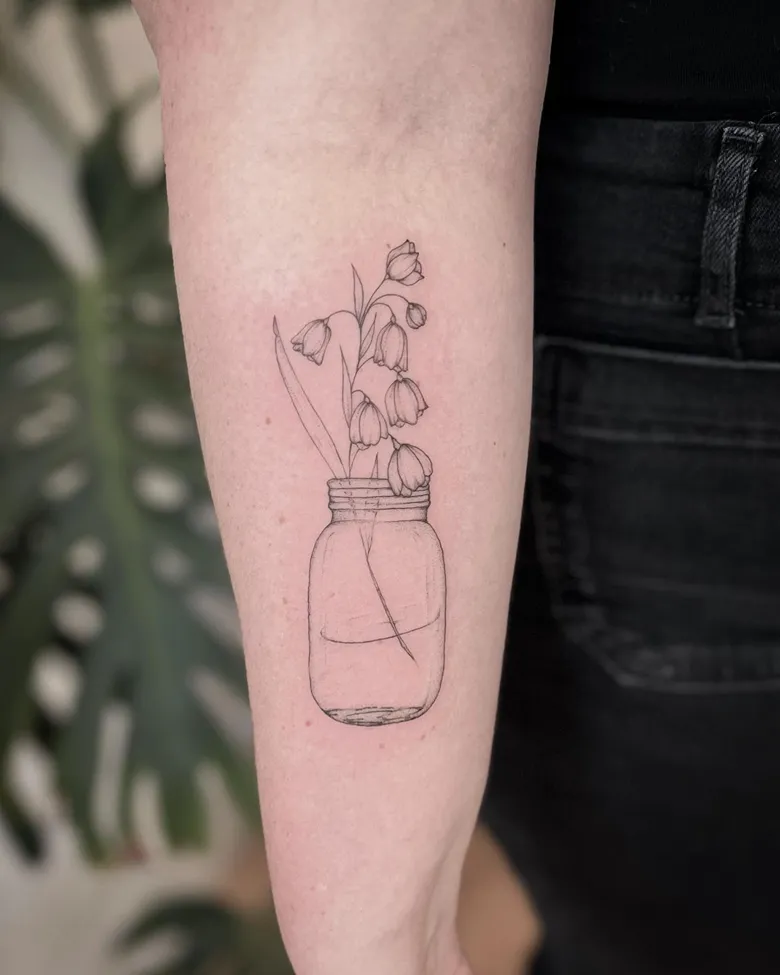 Minimal Jar Lily of the Valley Linework Tattoo