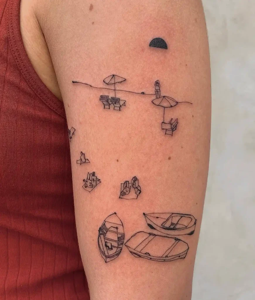 Minimalist Beach Scene Illustration on Upper Arm