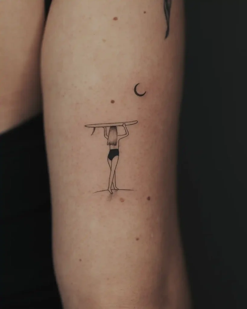 Minimalist Surfer Girl and Moon on Inner Arm
