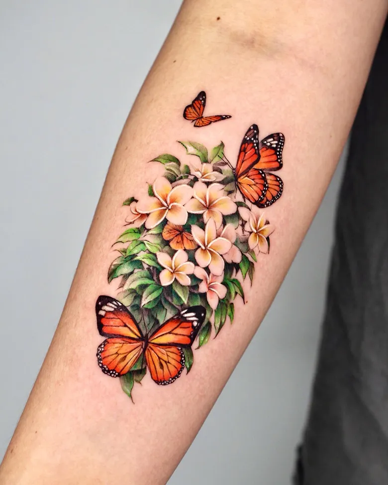 Monarch Butterfly and Plumeria Garden Tattoo
